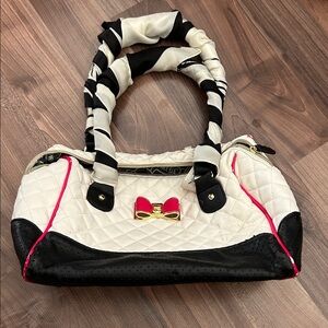 Betsy Johnson Cream and Black Quilted Tote with Pink Bow Accent